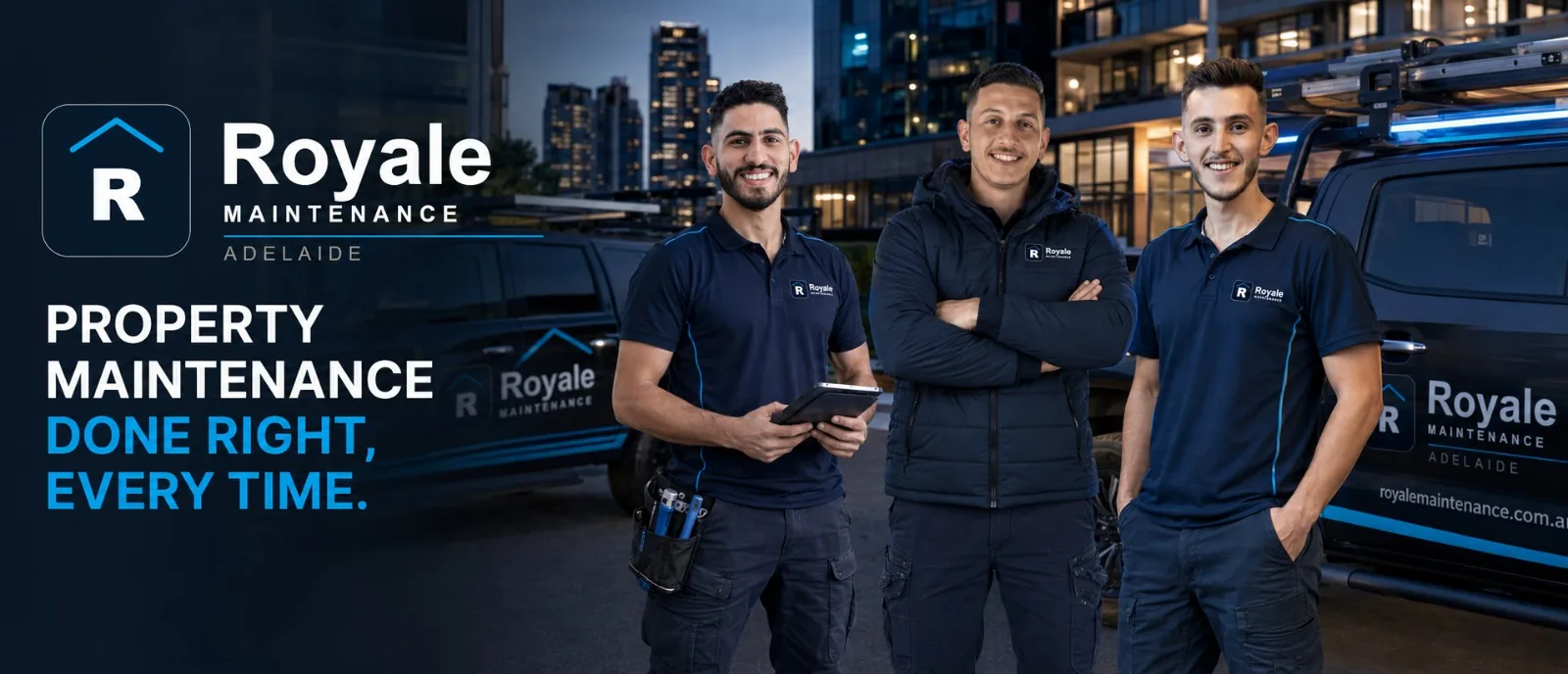 Royale Maintenance team — three tradespeople in front of a branded service vehicle in Adelaide